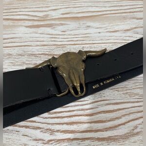 Zara Black Belt with Brass Bull Skull Buckle